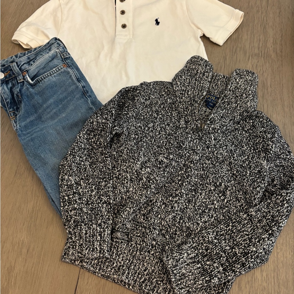 Ralph Lauren Black and White Knit Sweater, jeans and white 3 button shirt